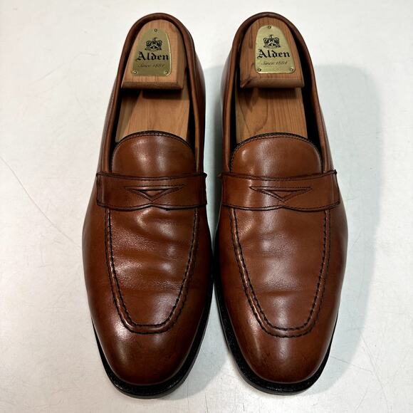FULLY RESOLED Alden 3556 Plaza Penny Loafer Burnished Dark Tan Calfskin USA 10 D - Picture 1 of 13